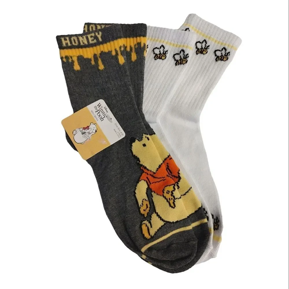 Disney Winnie The Pooh 2 Pack Grey and White Mid‎ Crew Socks NWT